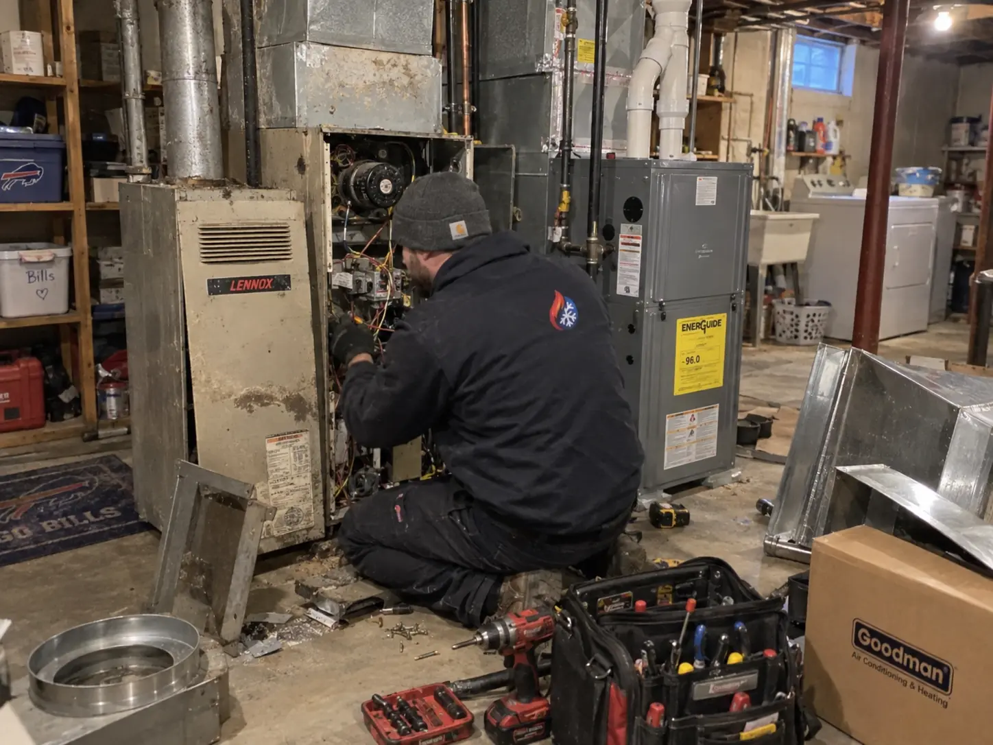Technician diagnosing a residential gas furnace in a Buffalo basement