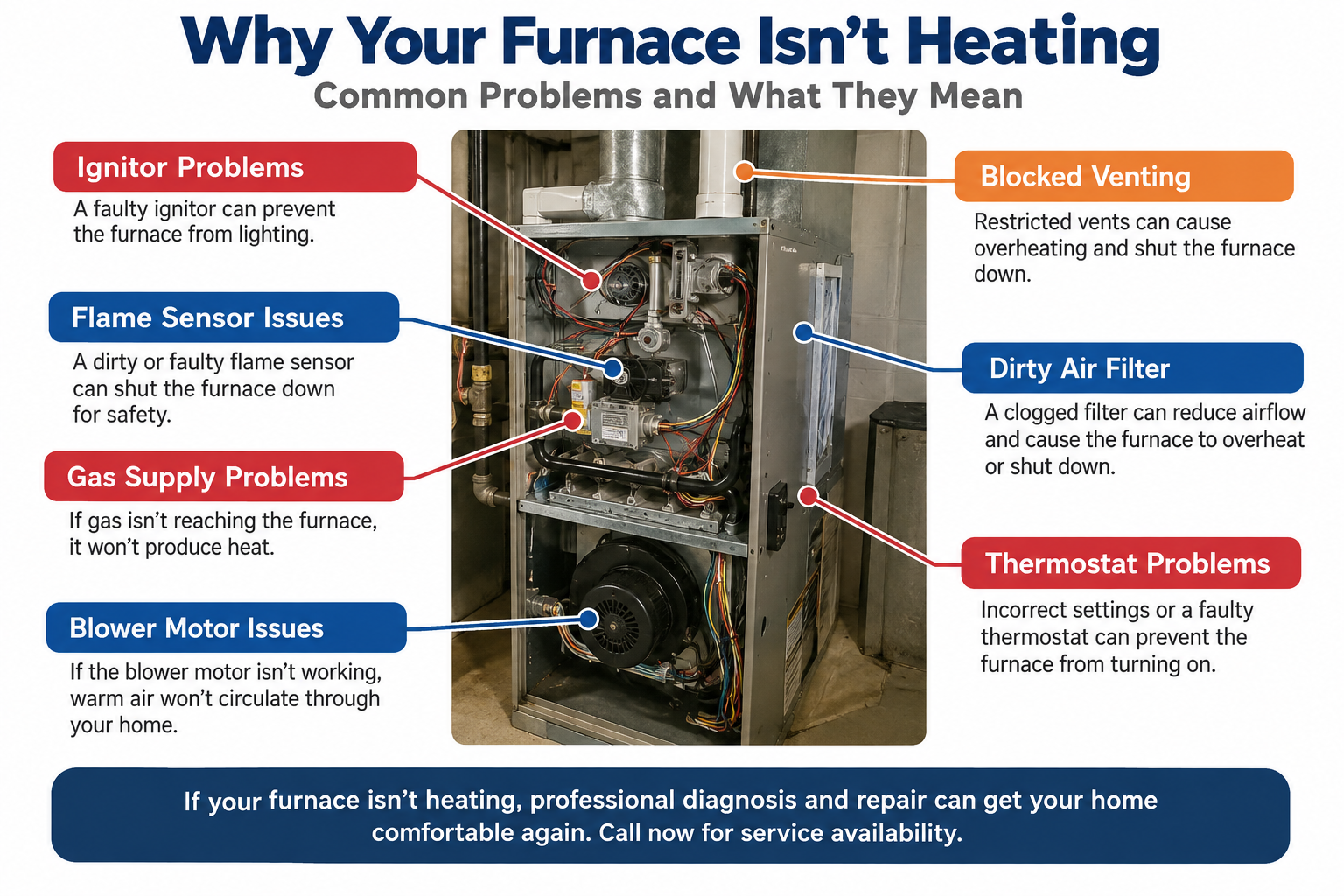 Diagram showing common reasons a residential furnace is not heating, including thermostat, filter, ignitor, flame sensor, pressure switch and blower